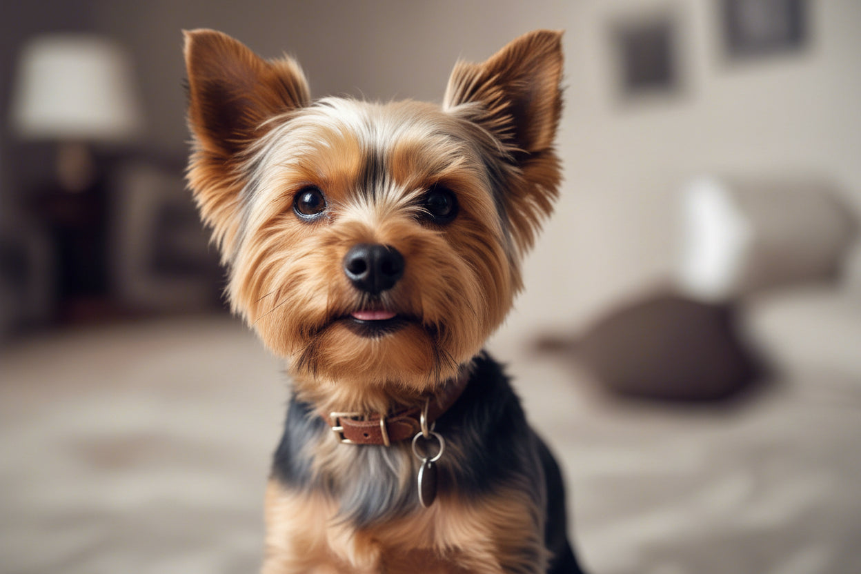 Close-up of a Yorkshire Terrier dog with a blurred indoor background
