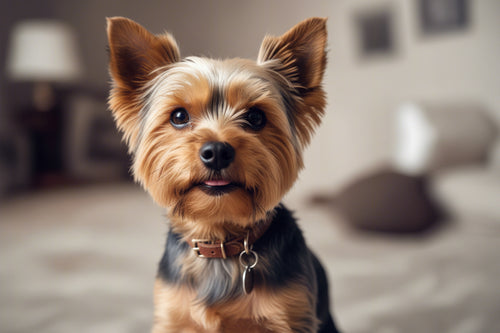Close-up of a Yorkshire Terrier dog with a blurred indoor background